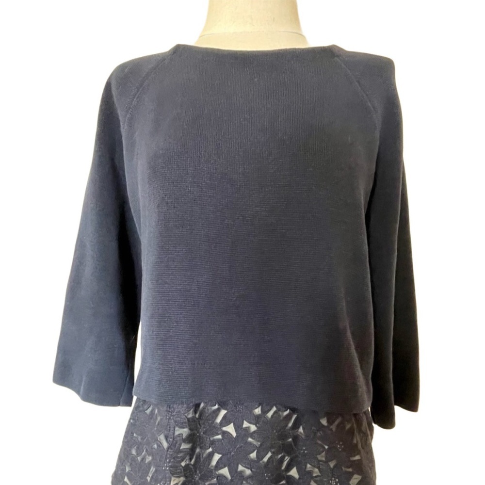 Navy blue 3/4 sleeve sweater with lace trim Jcrew small J Crew cotton lace
